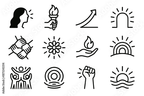 Inspirational Women Icons. International Women’s Day Inspirational Moments set in outline vector style: shining profile, lifted torch icon, upward curve,