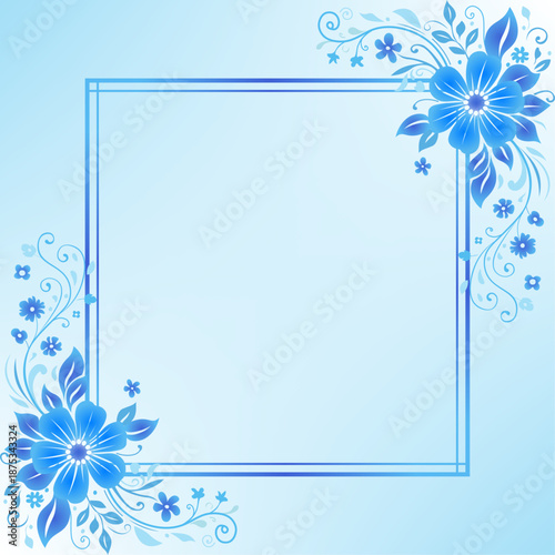 Elegant Blue Floral Frame with Gradient Accents, Ceramic Floral art, Decorative Purposes, tiles vector art, border cover Swirls and Scrolls, greeting page border, page frame, tiles pattern.