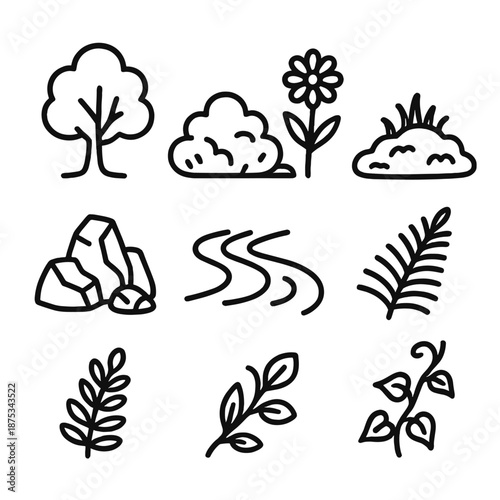Nature Outline Icons. Green Refuge Nature Elements set in outline vector style : tree, bush cluster, wildflower, moss patch, rock formation, river stream, fern, vine