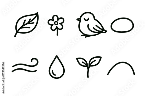 Forest Icons. Gentle Forest Life set in outline vector style: drifting leaf, tiny blossom, resting bird, smooth pebble, soft breeze line, dew droplet, young sprout, forest curve