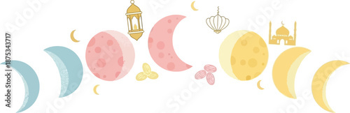 Festive Ramadan Moon Phases with Lanterns and Mosques Illustration for Celebrations