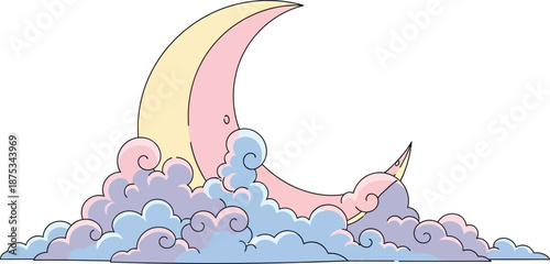 Whimsical Zodiac Moon and Star on a Cloudy Dreamscape in Soft Pastel Colors