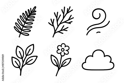 Nature Icon Collection. Nature open air elements set in outline vector style : fern frond, branch silhouette, mist curl, leaf cluster, wildflower bloom, breeze stroke, stone chip, soft haze