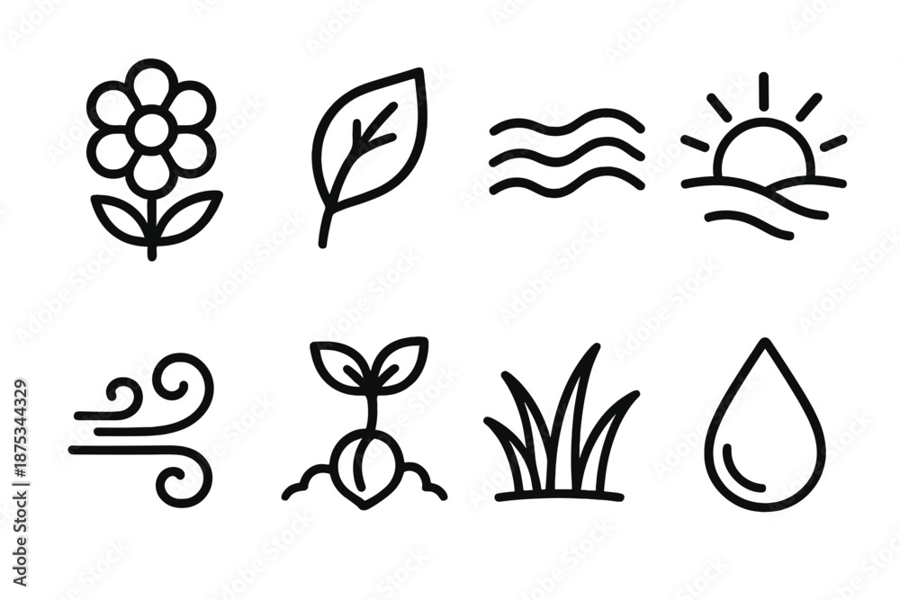Obraz premium Nature Icons Series. Nature Vitality set in outline vector style: blooming flower, vibrant leaf, flowing stream, rising sun, wind swirl, sprouting seed, lively meadow icon, dew droplet
