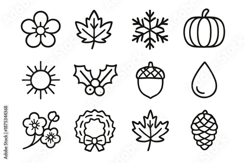 Seasonal Icon Collection. Seasonal Adornments set in outline vector style : flower blossom, autumn leaf, snowflake, pumpkin, sun, holly, acorn, raindrop, pinecone, cherry blossom, wreath, maple leaf
