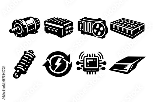 Bold EV Icon Set. EV components icon set in silhouette bold style. Contain motor unit, inverter block, cooling system icon, battery pack, suspension part, regen