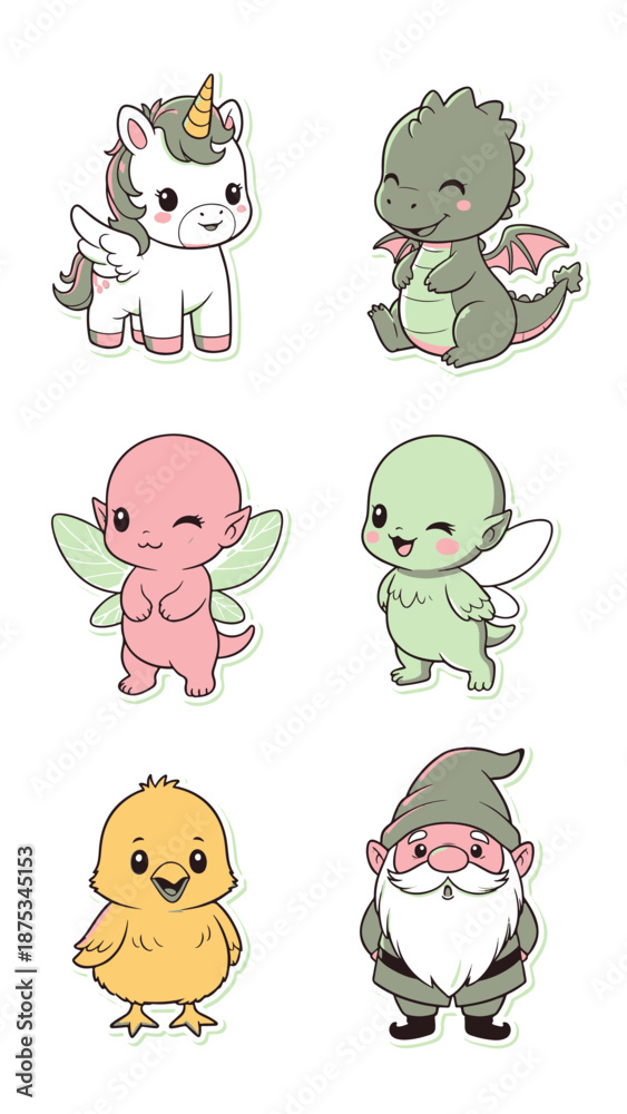 Obraz premium A collection of cute Kawaii Sticker characters including unicorns, dragons, and animals in a playful illustration