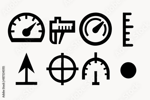 Bold Measurement Icons. Measurement Tools icon set in silhouette bold style. Contain gauge, sliding ruler, adjustment dial, scale marker, fine pointer, target line, alignment arc, precise dot