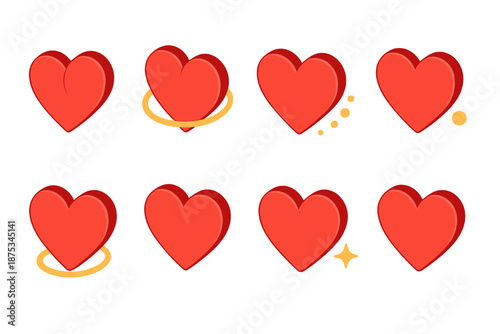 Heart Anniversary Icons. Heart Anniversary Paired Moment set in isometric flat vector : twin heart curves, shared highlight ring, drift glow mote, calm accent dot, unity arc, subtle spark