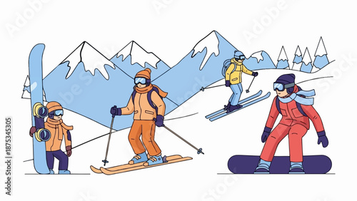 Cartoon of people skiing and snowboarding down snowy mountains in winter