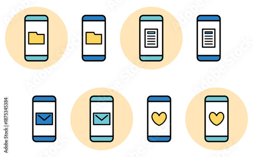 スマートフォンのアプリ機能アイコンセットのフォルダとメールとドキュメントとお気に入りのUIイラスト