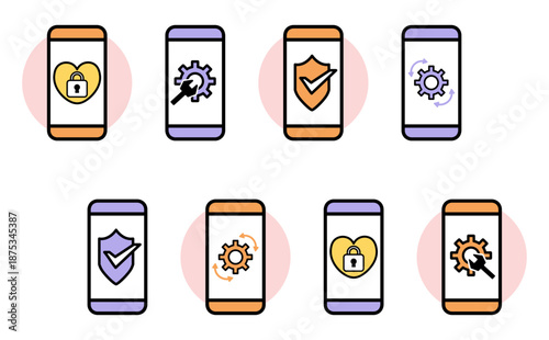 スマートフォンのセキュリティと設定アイコンセットのロックと認証と保護と管理のUIイラスト