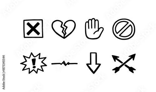 Collection of hand-drawn icons representing rejection, heartbreak, stop, and warning signs
