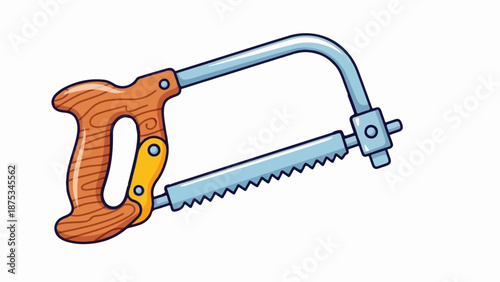 Cartoonish hacksaw with a wooden handle and a blue metallic frame