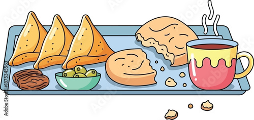 Delicious and Variety of Indian Breakfast Items Including Parathas and Tea on a Tray