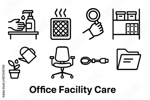 Office Care Icons. Office Facility Care set in outline vector style: desk sanitizer, air filter, tidy storage, lighting check, plant watering, ergonomic chair, cable organizer, document folder