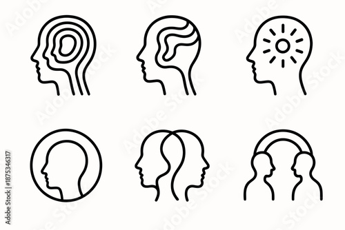 Psychological Abstract Icons. Psychologist abstract set in outline vector style: layered mind shapes, flowing curves, radiating dots, introspection ring, shifting forms, harmony arc