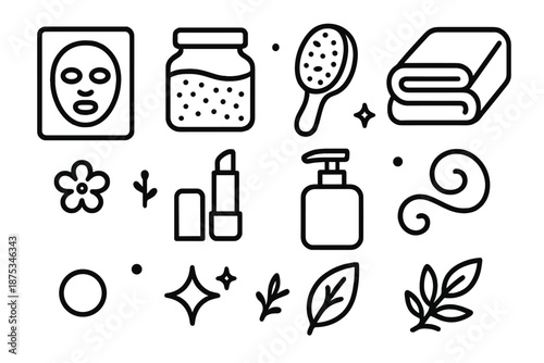 Self-Care Icons Collection. Self-Care Beauty set in outline vector style : face mask pack, bath salts jar, spa brush, soft towel, lip balm, lotion pump, tiny