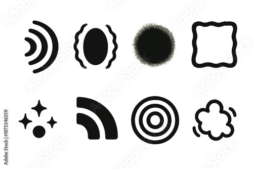 Brutalist Icon Vibrations. Vibrational Set icon set in silhouette bold style. Contain shaking arc, soft ripple puff, gentle glow bead, trembling contour line,