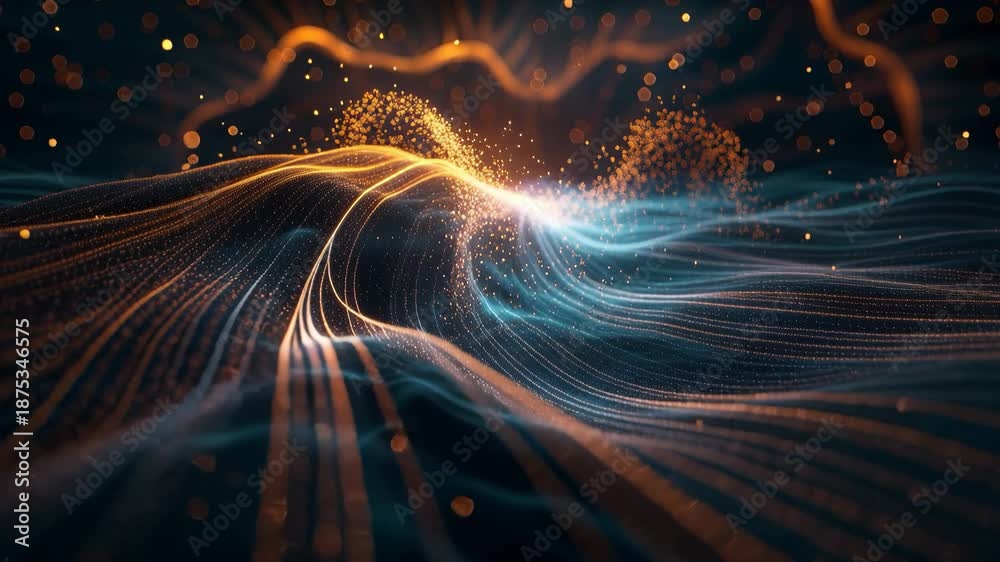 Orange and blue light trails with particles creating a glowing wave ...