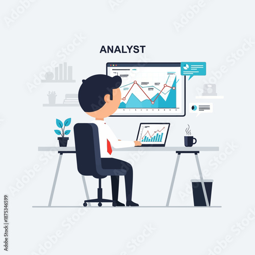 Business analyst working on financial charts and data on computer screen and laptop