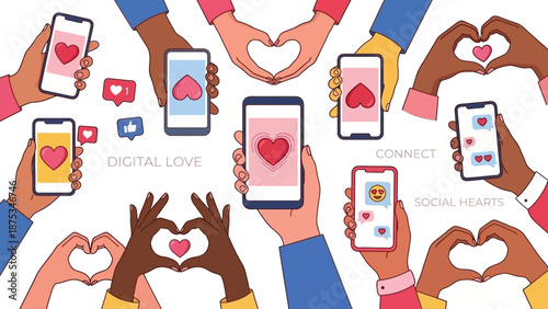 Digital Love and Social Media Connection Illustration. Diverse Hands Holding Smartphones with Hearts, Messages, and Like Icons. Online Dating Concept.