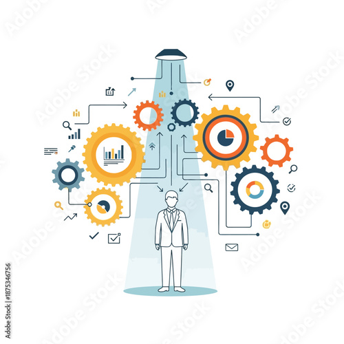 Business process optimization, workflow, strategy, gears, analytics, and person