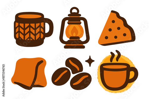 Cozy Barista Icons. Cozy barista mood set icon set in silhouette bold style. Contain knitted mug wrap, dim lantern, biscuit piece, fabric fold, bean pile, subtle sparkle, glow patch, warm cup
