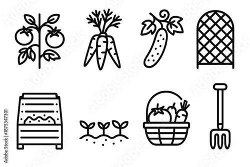 Garden Icon Set. Vegetable Gardener set in outline vector style: tomato vine, carrot bunch, cucumber sprig, trellis frame, compost bin, seedling row, harvest basket, garden fork