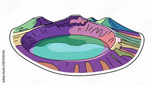 Colorful cartoon landscape with a lake in a crater and surrounding mountains