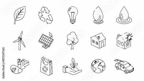 Collection of isometric icons representing environmental sustainability and clean energy solutions