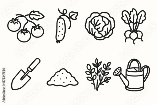 Garden Produce Icons. Garden Fresh Produce set in outline vector style: tomato vine, cucumber sprig, lettuce head, radish bunch, garden trowel, compost soil, herb cluster, watering can