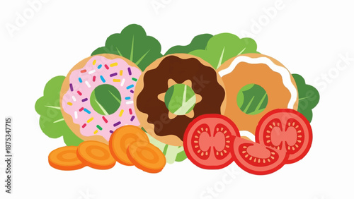 Colorful donuts and fresh vegetables arranged together