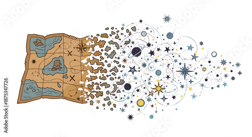 Old Treasure Map Disintegrating into Digital Data Points and Stars, Generative AI.