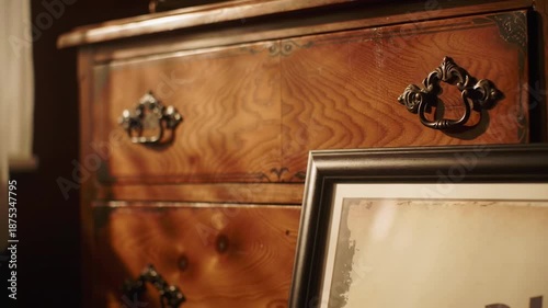 Vintage wooden dresser with ornate l handles, showcasing classic furniture design and craftsmanship.