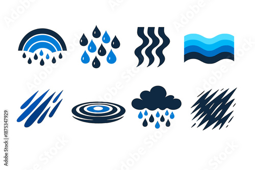 Brutalist Rainfall Icons. Abstract rainfall icon set in silhouette bold style. Contain layered arcs, droplet cluster, flowing line, wave gradient, soft streak,