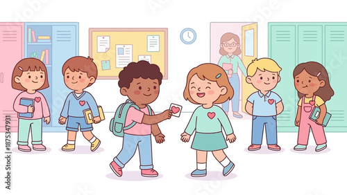 Cute Cartoon Vector of Diverse School Kids in Hallway Exchanging Heart Card; Friendship, Inclusion, and Social Interaction Illustration.