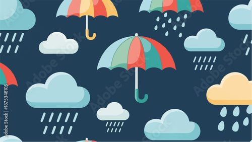 Colorful umbrellas and clouds with rain on a dark blue background