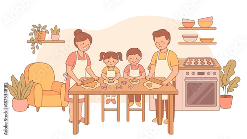 Happy Family Baking Cookies Together. Parents and Children Cooking in the Kitchen, Cute Flat Line Art Illustration.