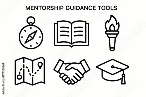 Mentorship Icons Collection. Mentorship guidance tools set in outline vector style: compass, open book, torch, roadmap, handshake, graduation cap