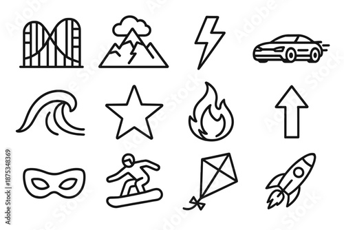 Adventure Icons Compilation. Thrill set in outline vector style : roller coaster, mountain, lightning bolt, fast car, wave, star, fire, arrow, mask, snowboard, kite, rocket