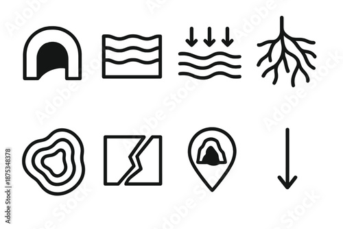Subterranean Design Icons. Geographic Underground Lines set in outline vector style: cave tunnel, strata layers, groundwater flow line, root network,