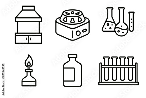 Scientific Equipment Icons. Scientist laboratory set in outline vector style: fume hood outline, centrifuge icon, flask set, burner flame, reagent bottle, lab rack