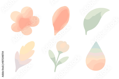 Isometric Bloom Icons. Washed Petal Forms set in isometric flat vector : airy bloom, soft ink bleed, pale leaf arc, gentle watercolor plume, diffuse stem, pastel droplet
