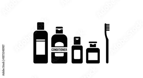 Black and white icon set of various personal hygiene and travel size toiletries including shampoo, conditioner, and a toothbrush.
