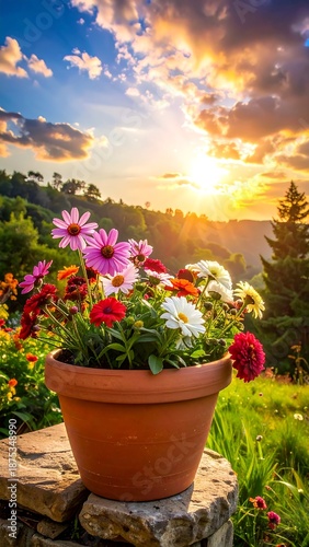 Flowers in a pot set against a sunset sky backdrop with rolling hills and trees in the background