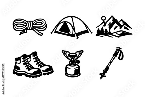 Mountain Camping Icons. Mountain campsiteset in outline vector style climbing rope, tent, trekking boots, camp stove, hiking pole, alpine view