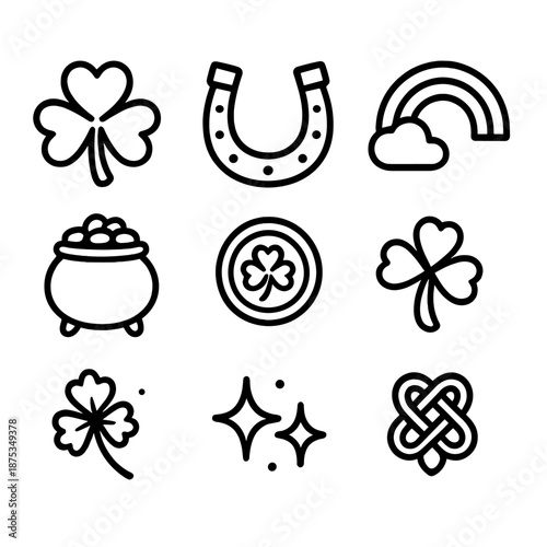 Lucky Charms Icons. St. Patrick’s Day Lucky Charms set in outline vector style: shamrock, horseshoe, lucky coin, rainbow arc, pot of gold, clover sprig, wish spark, charm knot