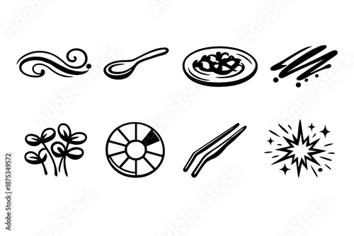 Culinary Icon Set. Creative cuisineset in outline vector style garnish swirl, tasting spoon, fusion plate, sauce drizzle icon, microgreens, flavor wheel, plating tongs, culinary spark