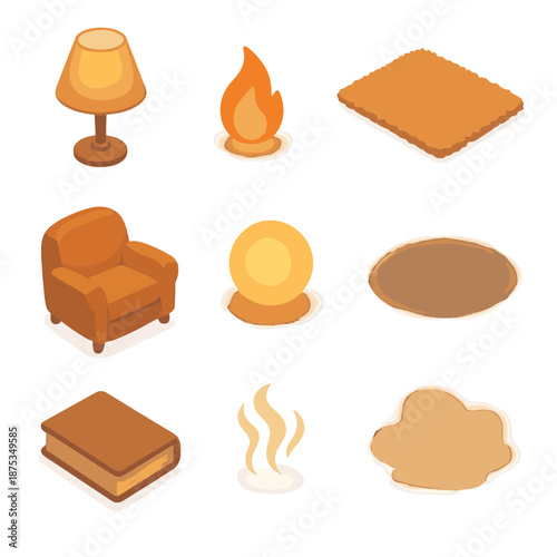 Cozy Evening Icons. Evening cozy space icons set in isometric flat vector : dim lamp, warm flame, plush rug, cushy seat, glow sphere, shadow patch, small book, gentle haze
